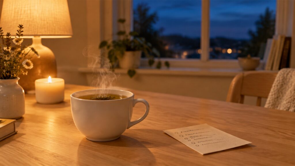 Frische Tasse Tee auf einem hellen Holztisch neben einem Notizzettel im warmen Abendlicht
